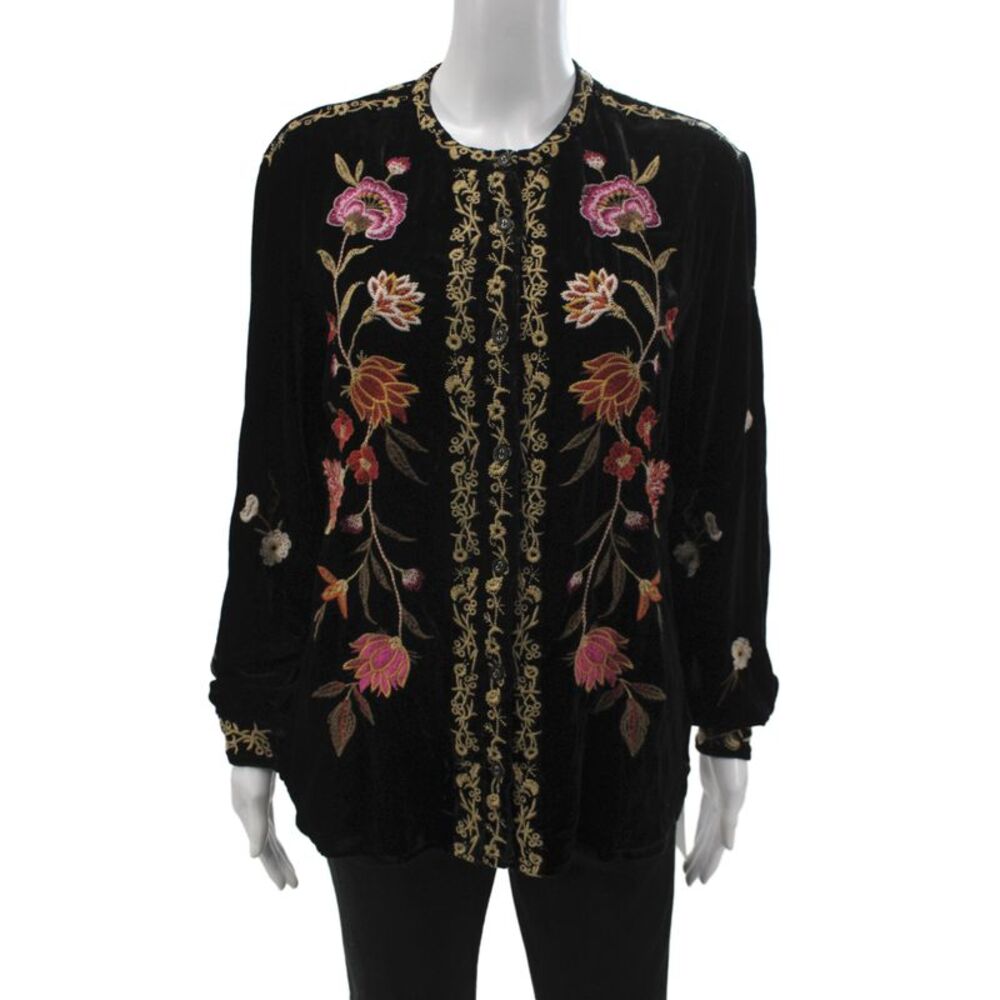 Johnny Was Women Tunic Blouse Black Floral Long Sleeve Round Neck Size S